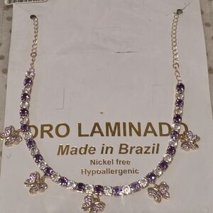 Gold-Tone Purple Crystal Butterfly Necklace - Made in Brazil
